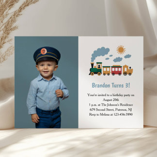 Cute Boy Train Photo Kids 3rd Birthday Party Inbjudningar