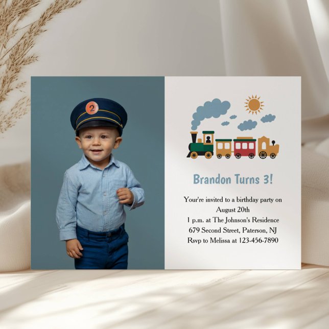 Cute Boy Train Photo Kids 3rd Birthday Party Inbjudningar (Skapare uppladdad)