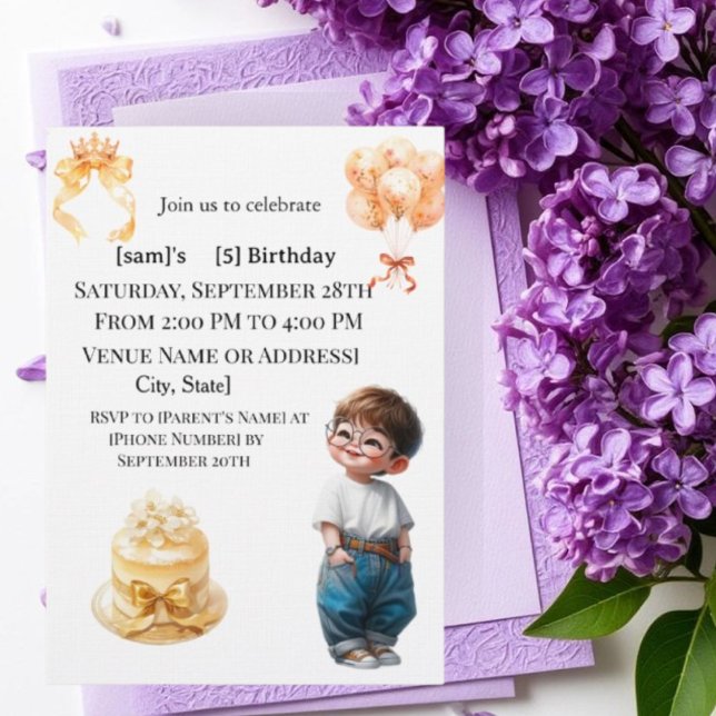 Cute Boy with Glasses 5th Birthday Party Invitatio Inbjudningar (Skapare uppladdad)
