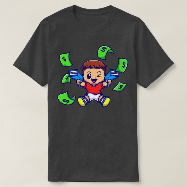 Cute Boy with Money Gun Tecknad T Shirt (Design framsida)