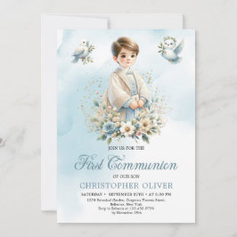 Cute boyblå vita blommor duvor Första kommunen Inbjudningar