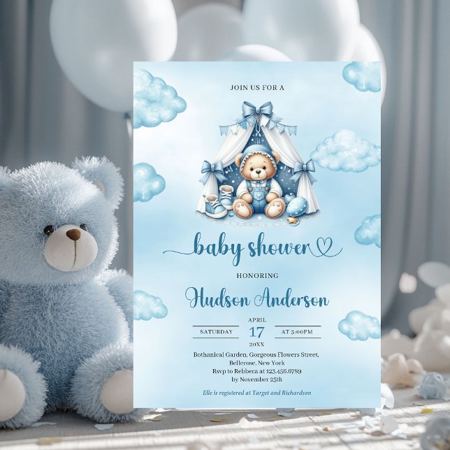 Cute boyens nalle i tält blå elfenbenspojke inbjudningar (cute teddy bear in a tent boy baby shower invitation)