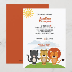 Cute Boys Animal Friends Barns födelsedag Party Inbjudningar