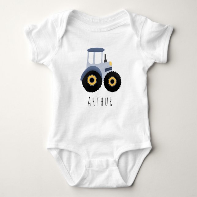 Cute Boys Blue Farm Tractor med Namn T Shirt (Framsida)