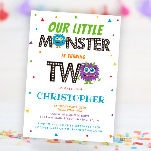 Cute Boys Blue Monster 2:a födelsedagen Party Inbjudningar