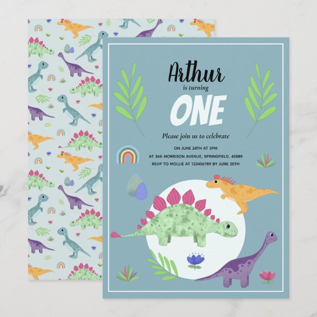 Cute Boys Blue T-Rex Dinosaur Jungle 1:a födelseda Inbjudningar (Fram/baksida)