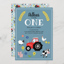 Cute Boys Boskap och Red Tractor 1:a födelsedag Inbjudningar
