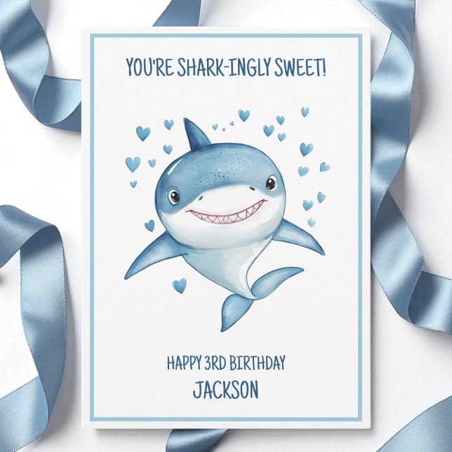 Cute Boys Custom Blue Shark Happy 3rd Birthday Kort (Cute Boys Custom Blue Shark Happy 3rd Birthday Card)