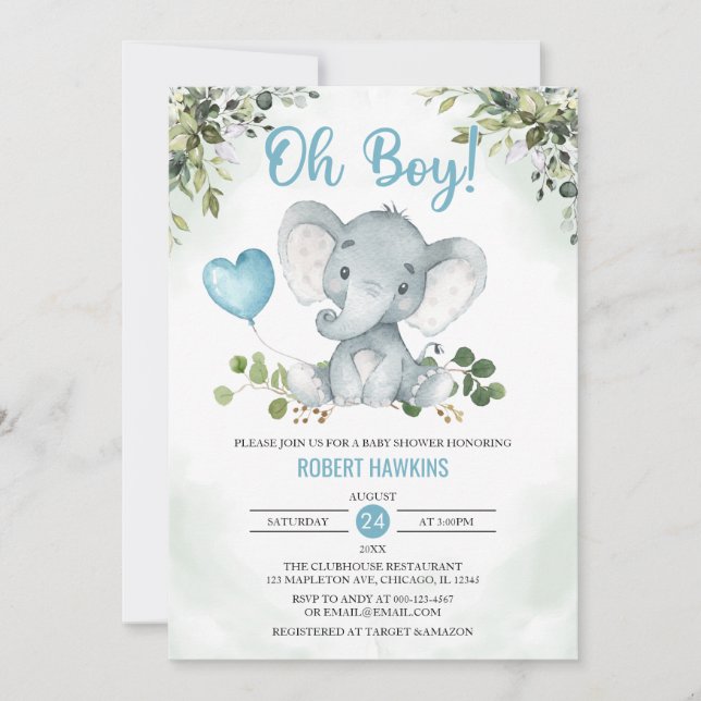 Cute Boy's Elephant Watercolor Baby Shower Invita Inbjudningar (Framsida)