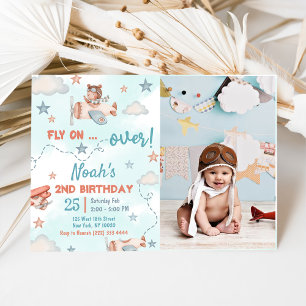 Cute Boy's flygplanstema 2:a födelsedag Party Phot Inbjudningar