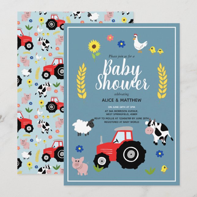 Cute Boys Land Farm Animal Tractor Baby Shower Inbjudningar (Fram/baksida)
