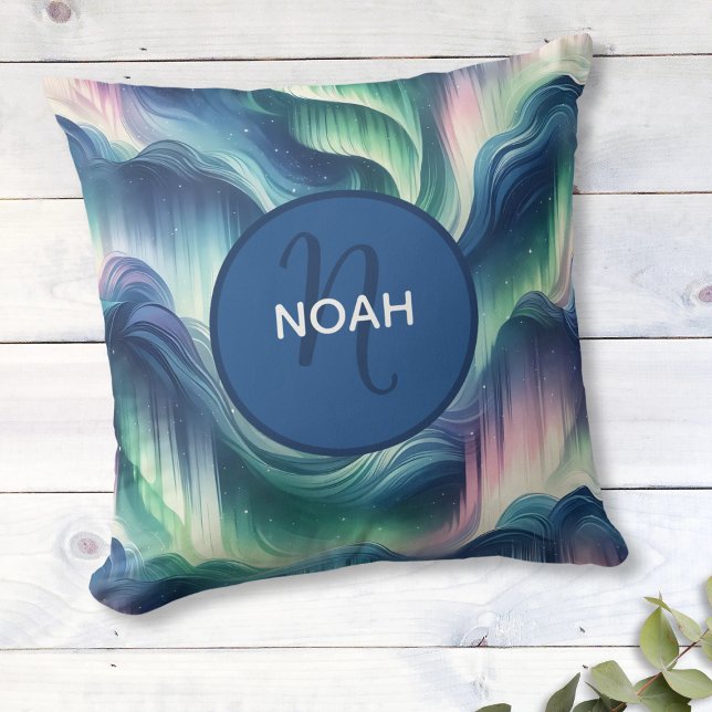 Cute Boys Nursery Kids Monogram Northern Ljus Kudde (Personalized Aurora Borealis Pillow with Name - Custom Decor, Unique Gift, Northern Lights Design)