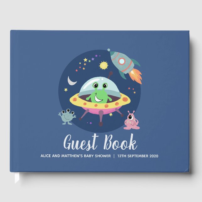 Cute Boys Space Alien Blue Baby Shower Guest Bok (Framsida)
