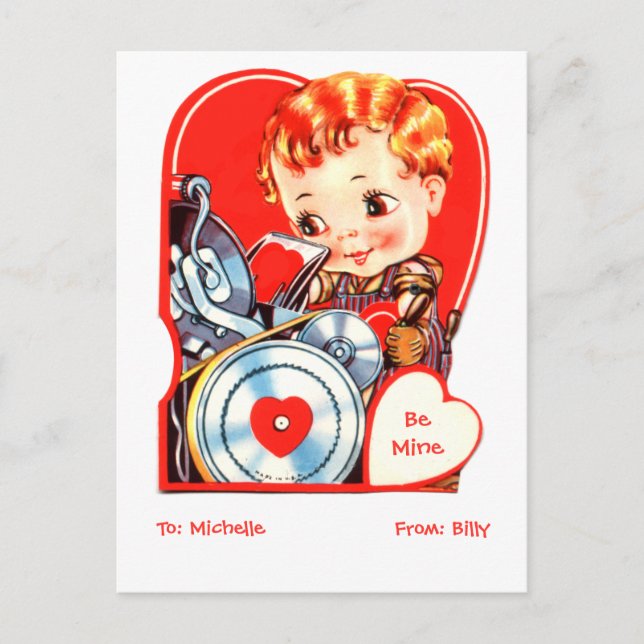 Cute boyskriva ut på en letterpress valentine-helg helg vykort (Framsida)