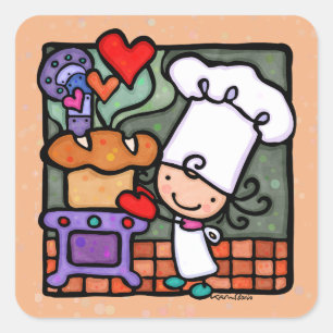 Cute Bread Baker Baking in her Vintage Oven Fyrkantigt Klistermärke