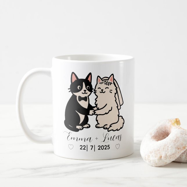Cute Bride & Groom cat personlig namn bröllop Kaffemugg (Med munk)
