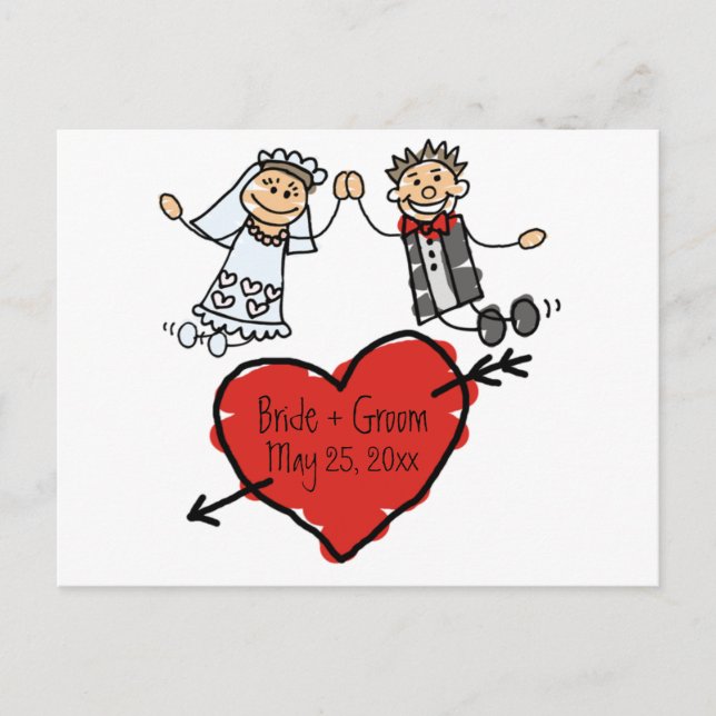 Cute Bride Groom Personlig Heart Sparar datumet Meddelande Vykort (Framsida)