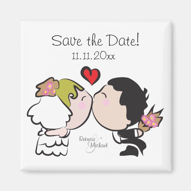 Cute Bride & Groom Spara datum magneter (Framsidan)