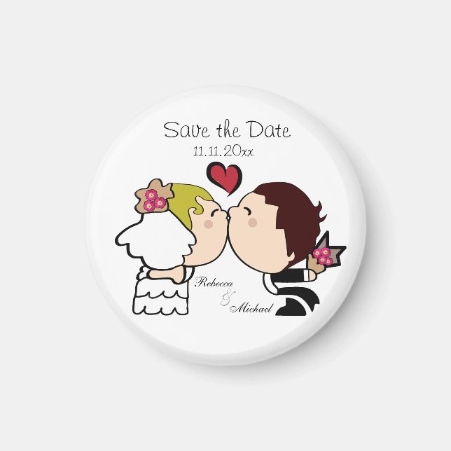 Cute Bride & Groom Spara datum magneter (Framsidan)