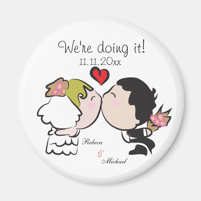 Cute Bride & Groom "vi gör det" Spara datumet Magnet (Framsidan)