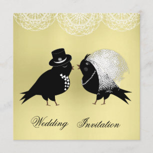 Cute Bride och Groom Whimsical Love birds Inbjudningar