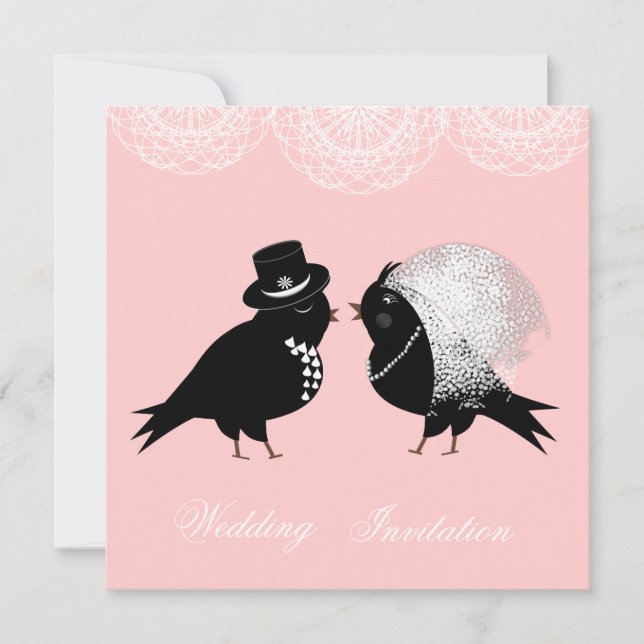 Cute Bride och Groom Whimsical Love birds Inbjudningar (Framsida)