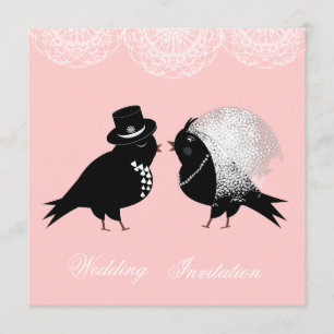 Cute Bride och Groom Whimsical Love birds Inbjudningar