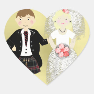Cute Bride och Kilted Groom Hjärtformat Klistermärke