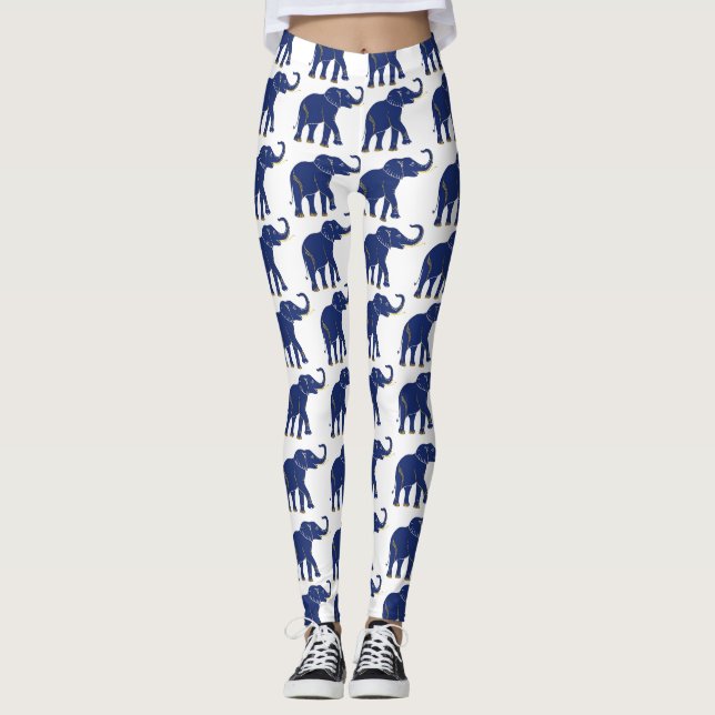 Cute Bright Blue Thai Elephant Mönster Leggings (Framsida)