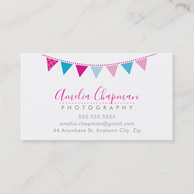 CUTE BRIGHT BUNTING fet party rosa aqua blue Visitkort (Framsida)
