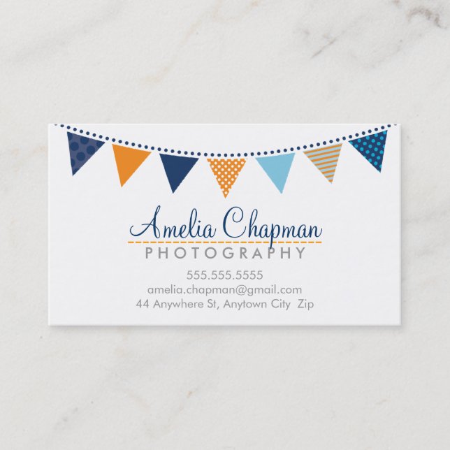 CUTE BRIGHT BUNTING Fold party marin blue orange Visitkort (Framsida)