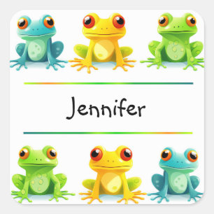 Cute Bright Frogs i Row Namn Fyrkantigt Klistermärke
