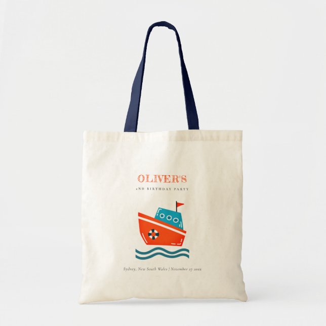 Cute Bright Kids Nautical Boat any Age Birday Tygkasse (Framsidan)