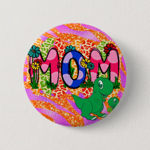 Cute Bright Mamma Dinosaur Mors dag Hälsning Knapp