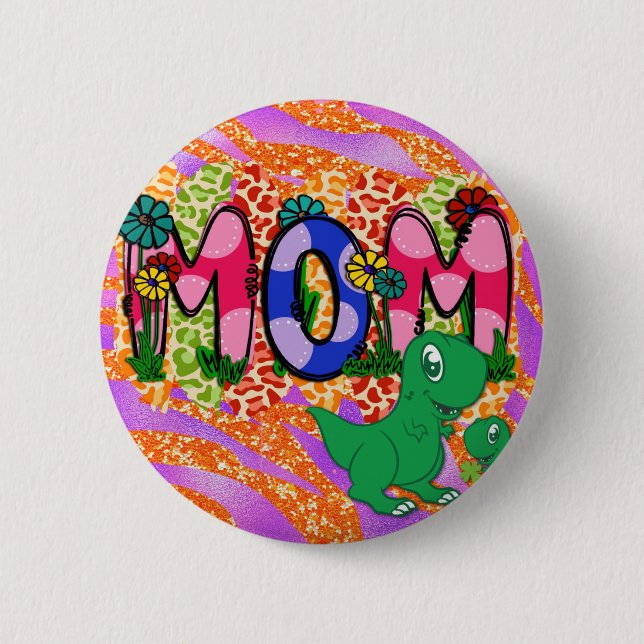 Cute Bright Mamma Dinosaur Mors dag Hälsning Knapp (Framsida)