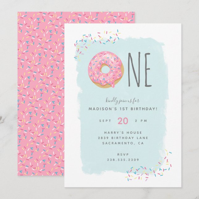 Cute Bright Rosa Doughnut Sprinkle 1st Birthday Inbjudningar (Fram/baksida)