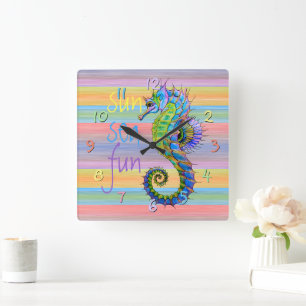 Cute Bright Sunset Färg Artsy Seahorse Fyrkantig Klocka
