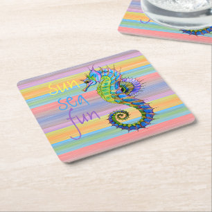 Cute Bright Sunset Färg Artsy Seahorse Underlägg Papper Kvadrat