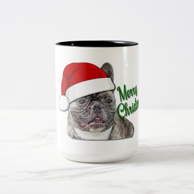 Cute Brindle Fransk Bulldog Puppy Santa Två-Tonad Mugg (Center)