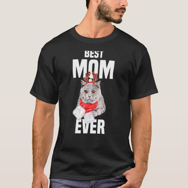 Cute British Kort Hair Cat med Reindeer Costume T Shirt (Framsida)