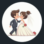 Cute Bröllop par Sticker Runt Klistermärke<br><div class="desc">Tecknadens klistermärke med en groom och brud som delar en romantisk kyss,  perfekt för anteckningarna bröllop firande och kärlek.</div>