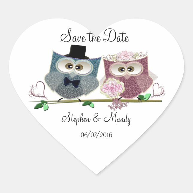 Cute Bröllop Uggla Hjärtformat Klistermärke (Framsida)