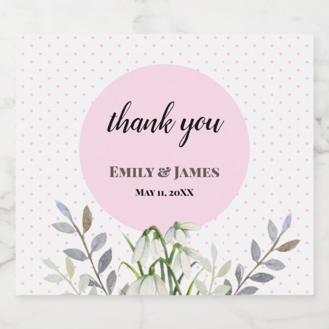 Cute Bröllop White Snowdroppe Rosa Polka dots Ölflaska Etikett (Singel etikett)