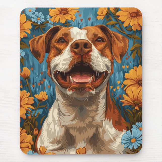 Cute Brown and White Hund and Flowers Musmatta (Framsidan)