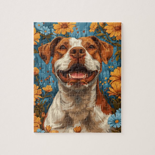 Cute Brown and White Hund and Flowers Pussel (Vertikal)