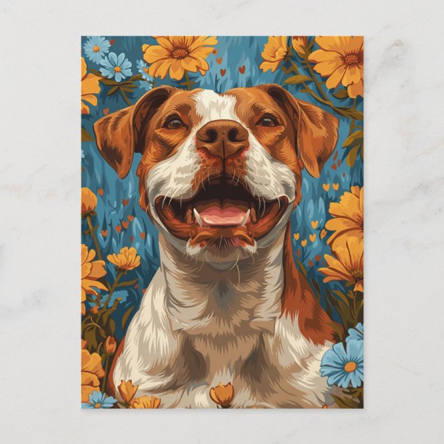Cute Brown and White Hund and Flowers Vykort (Framsida)