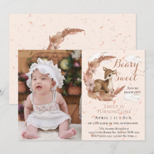 Cute Brown Bambi Flowers Clouds 1:a födelsedag Par Inbjudningar