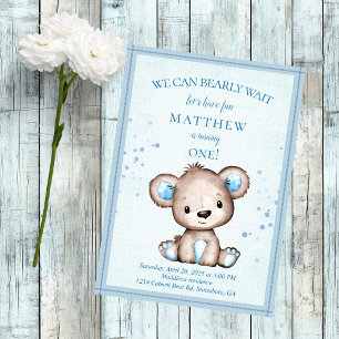 Cute Brown Bear Blanket för pojken 1:a födelsedage Inbjudningar