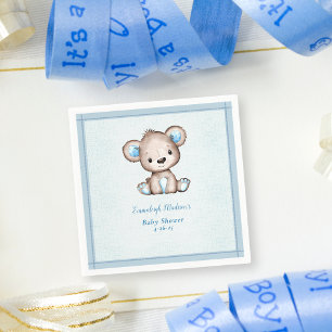 Cute Brown Bear Boy Blue Blanket Pappersservett