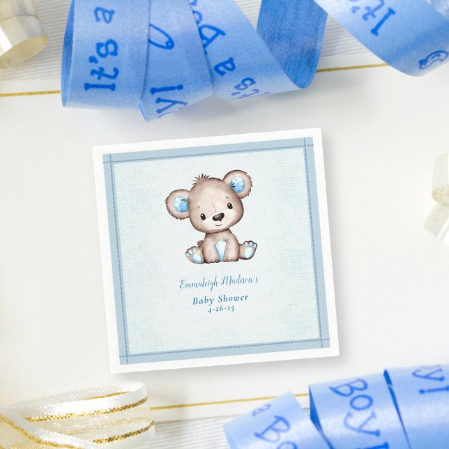 Cute Brown Bear Boy Blue Blanket Pappersservett (Skapare uppladdad)